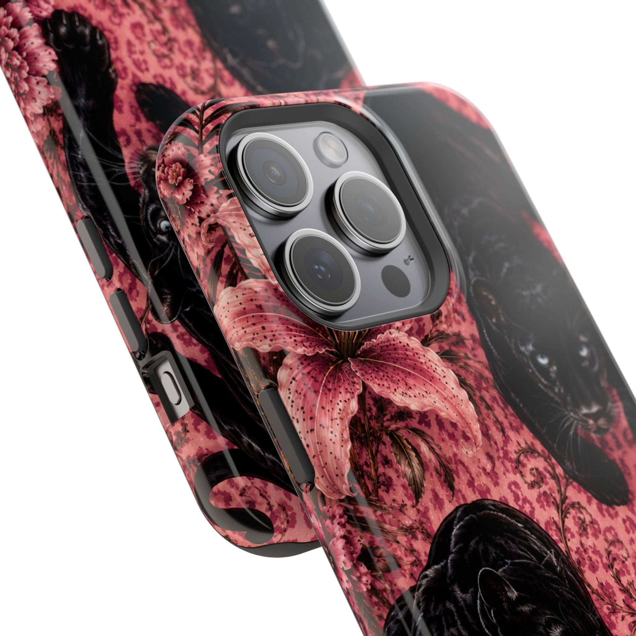 Protective Phone Case — Black Panthers & Pink Floral Impact-Resistant Magnetic Case