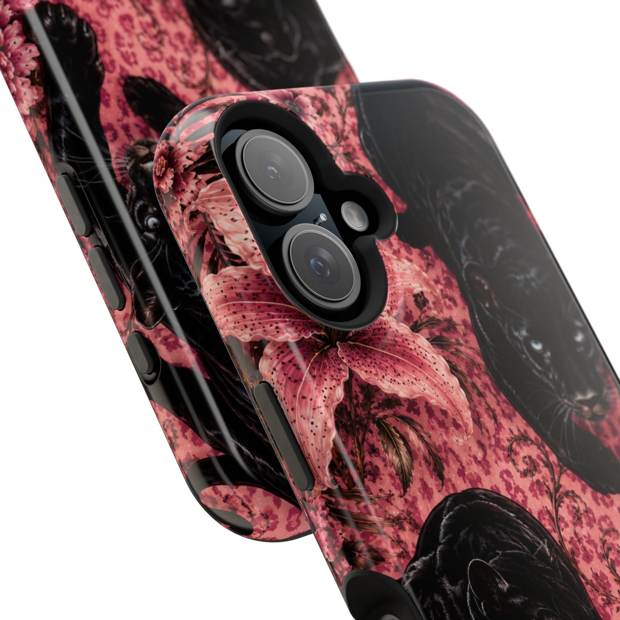 Protective Phone Case — Black Panthers & Pink Floral Impact-Resistant Magnetic Case