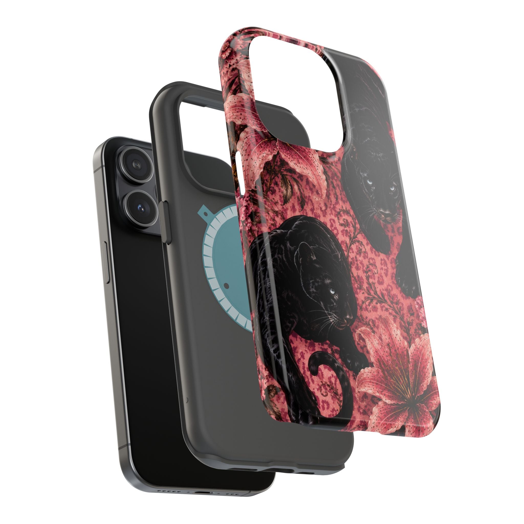 Protective Phone Case — Black Panthers & Pink Floral Impact-Resistant Magnetic Case