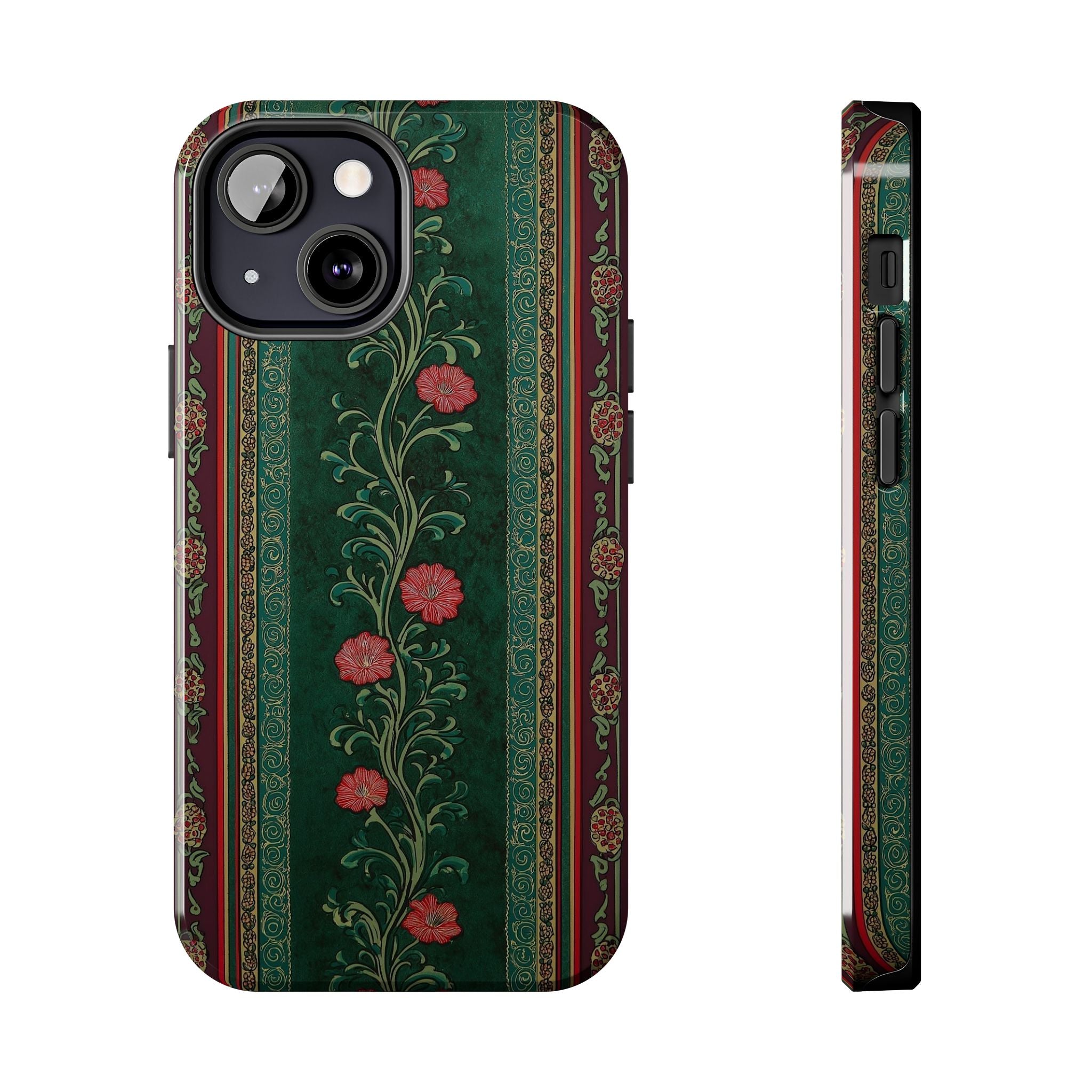 Victorian Floral Tough Phone Case - Green & Red Vintage Rose Design