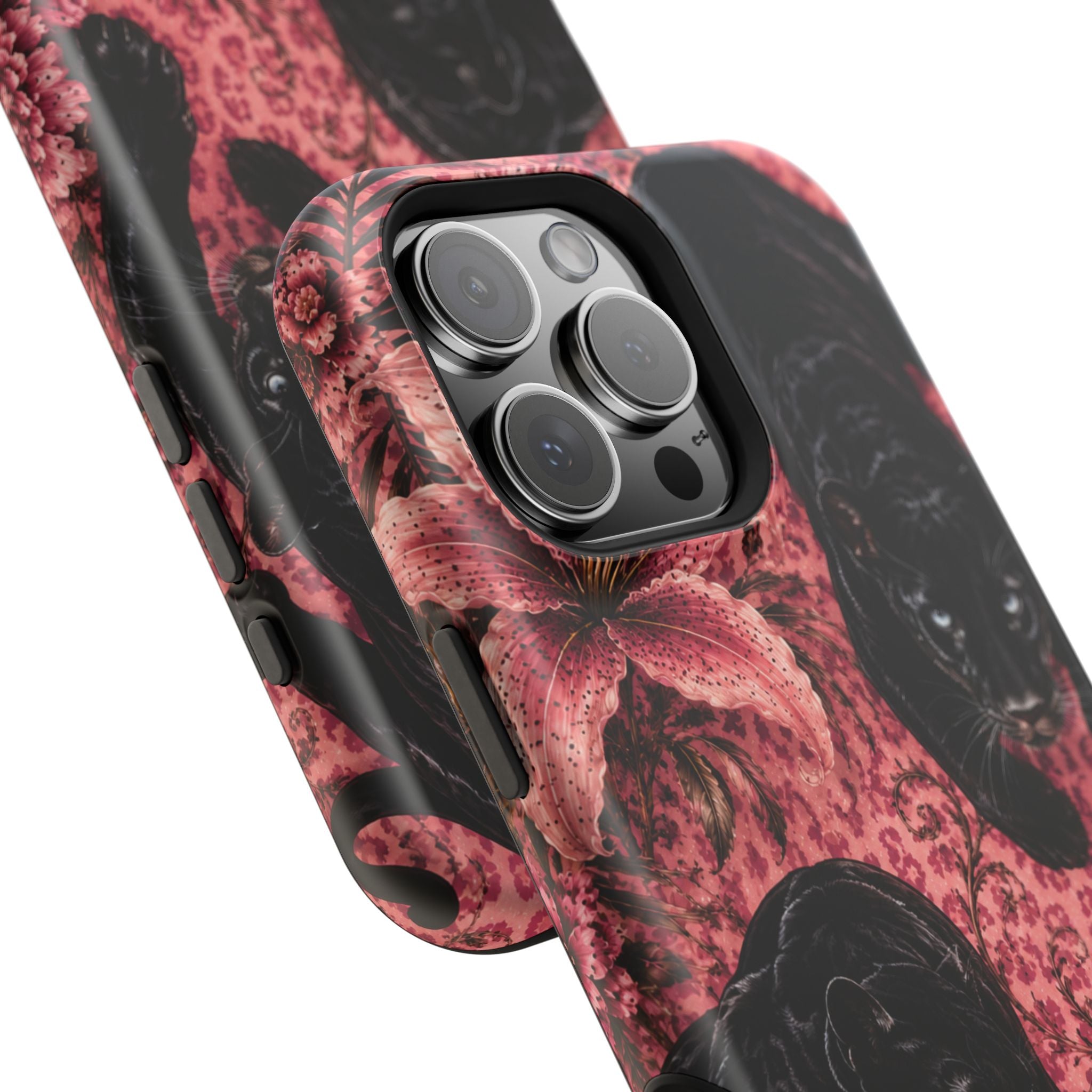 Protective Phone Case — Black Panthers & Pink Floral Impact-Resistant Magnetic Case