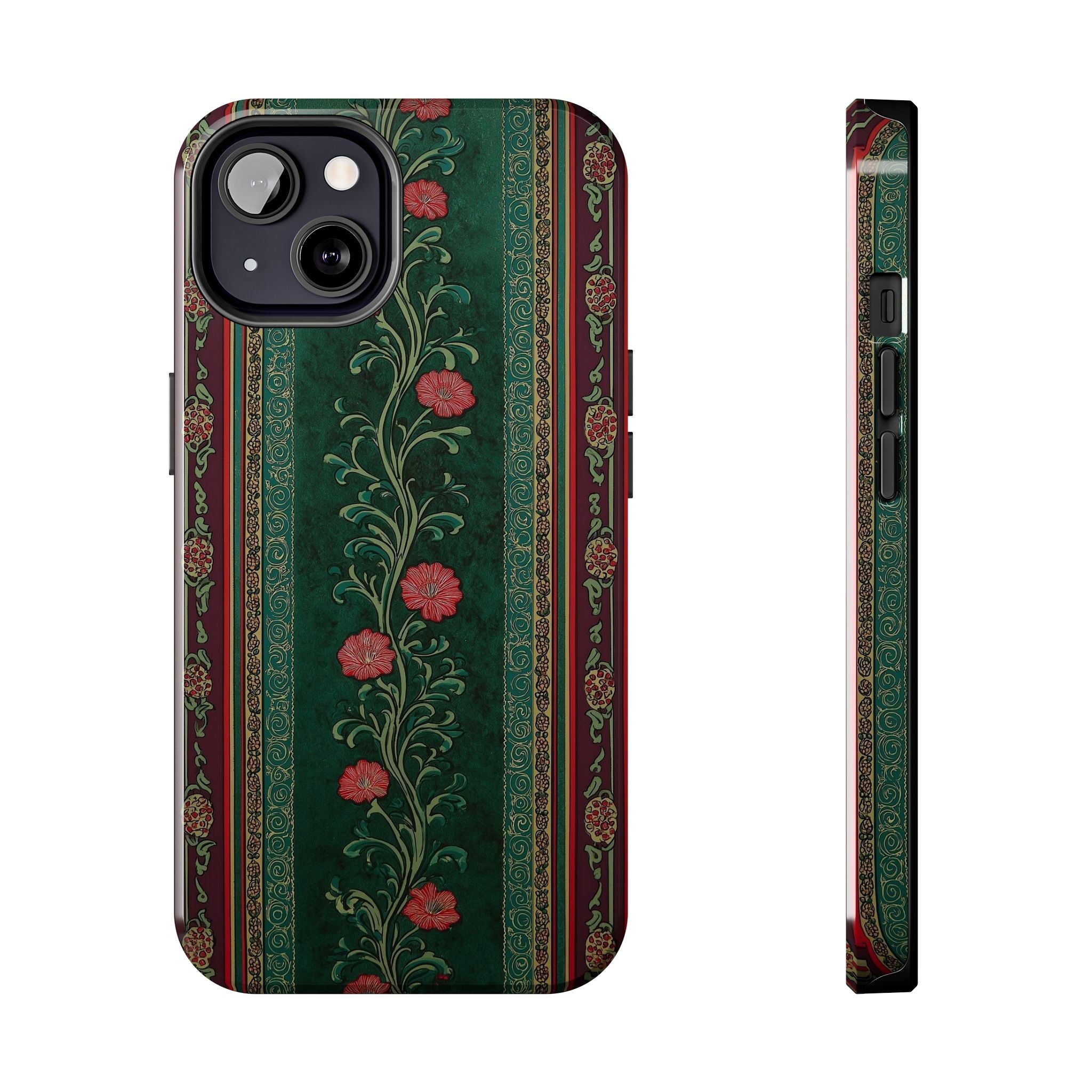 Victorian Floral Tough Phone Case - Green & Red Vintage Rose Design