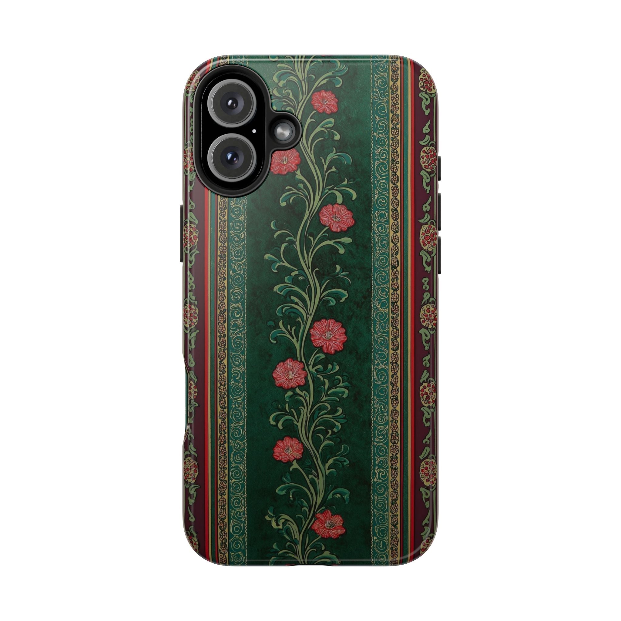 Victorian Floral Tough Phone Case - Green & Red Vintage Rose Design