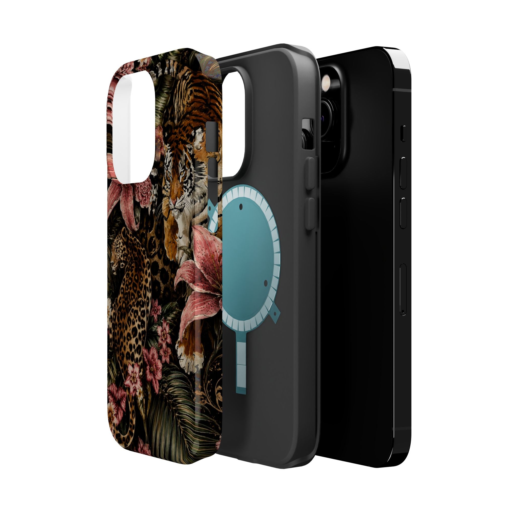Magnetic Impact-Resistant Phone Case — Tropical Jungle Leopard & Tiger Floral Design
