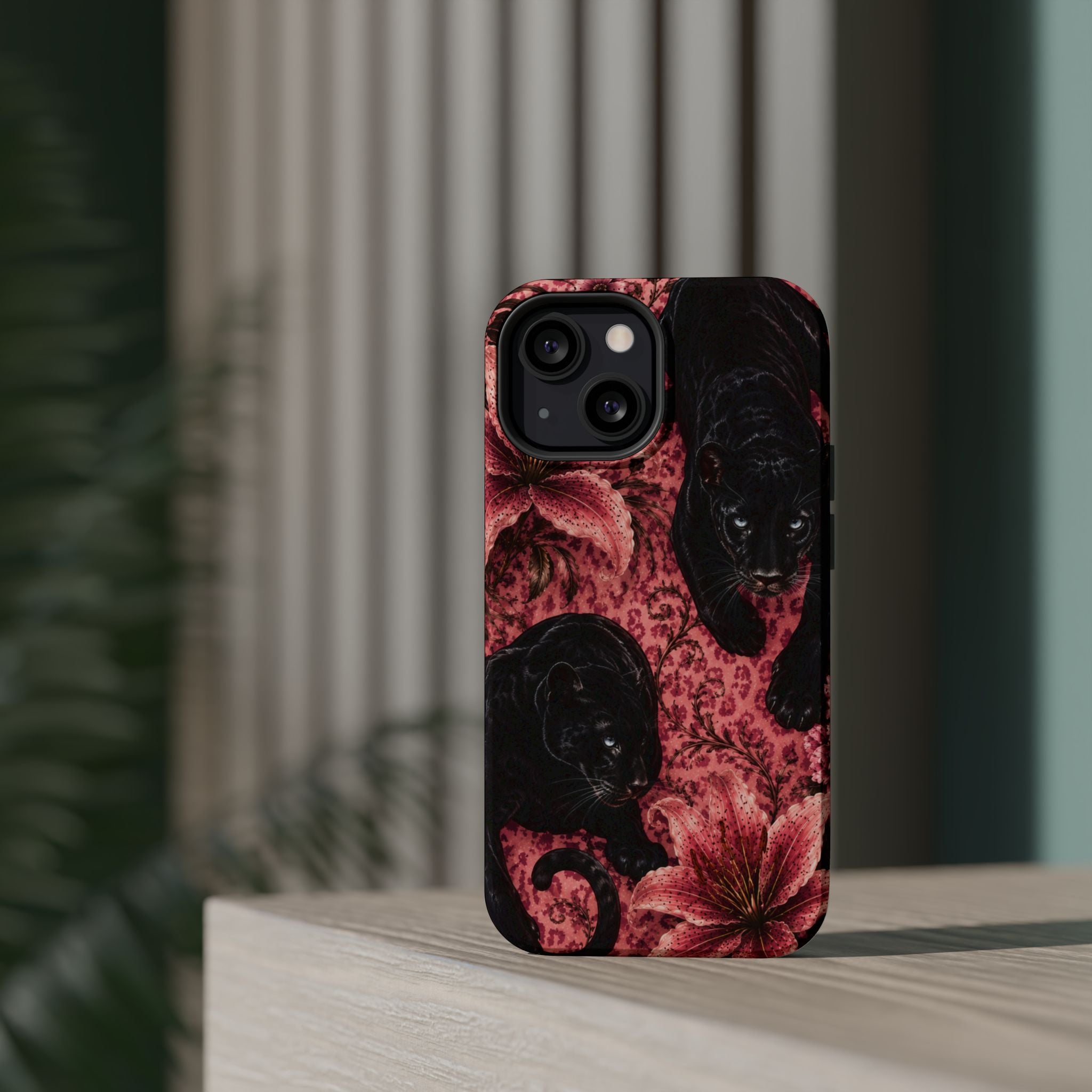 Protective Phone Case — Black Panthers & Pink Floral Impact-Resistant Magnetic Case