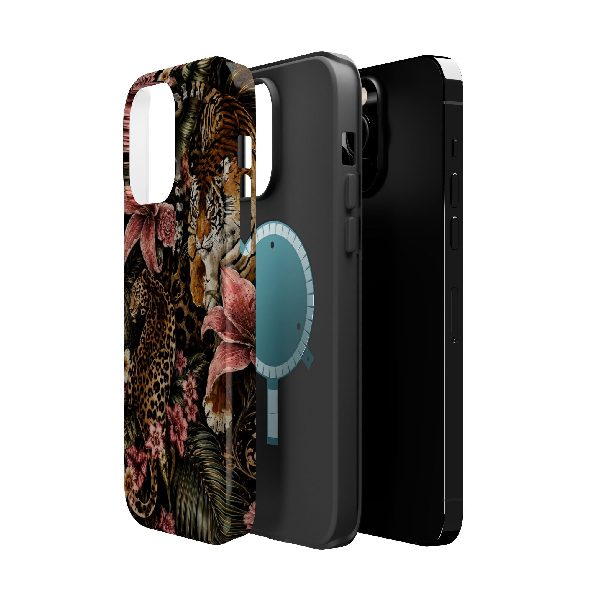 Magnetic Impact-Resistant Phone Case — Tropical Jungle Leopard & Tiger Floral Design