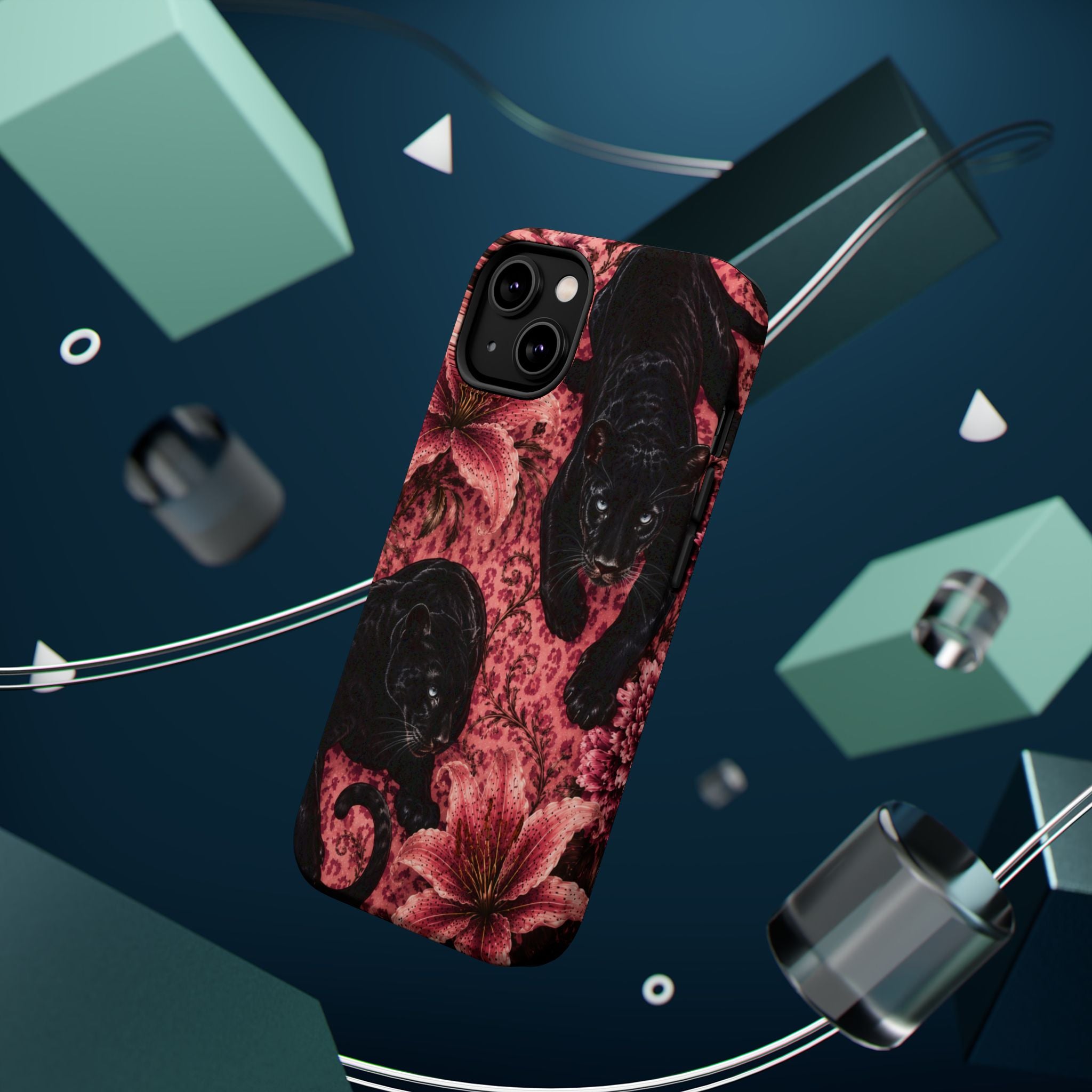 Protective Phone Case — Black Panthers & Pink Floral Impact-Resistant Magnetic Case
