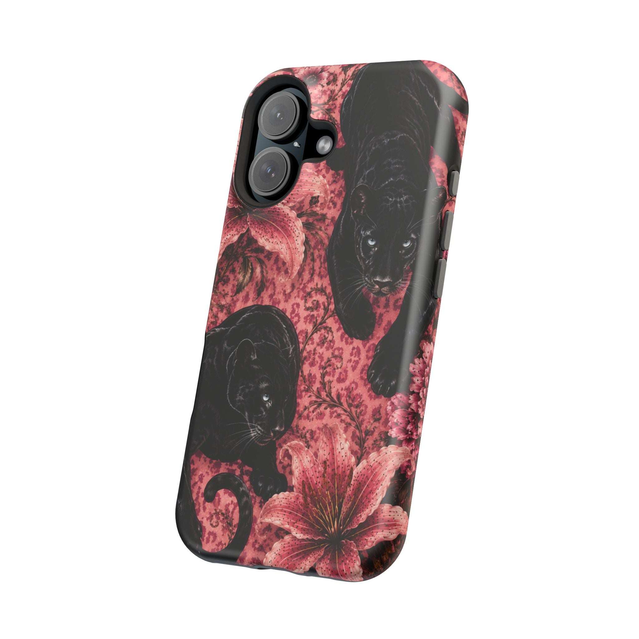 Protective Phone Case — Black Panthers & Pink Floral Impact-Resistant Magnetic Case