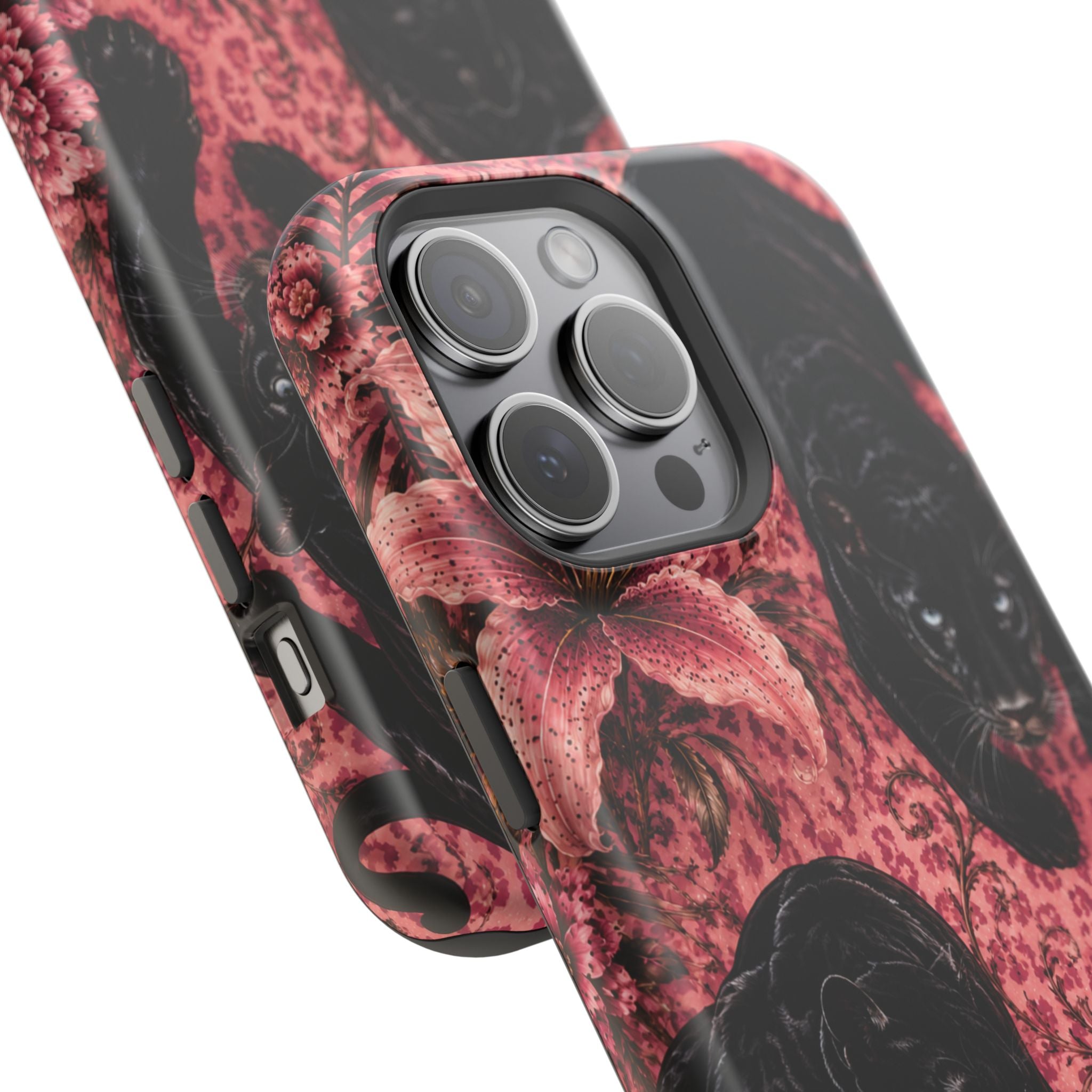 Protective Phone Case — Black Panthers & Pink Floral Impact-Resistant Magnetic Case