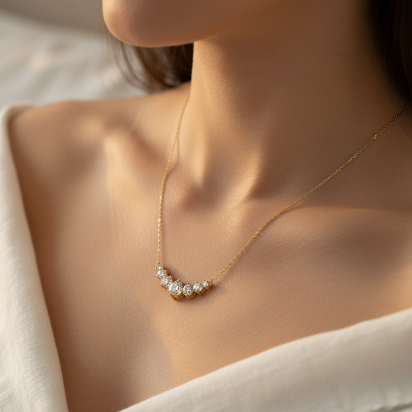 Gold necklace with diamonds on a dark green background